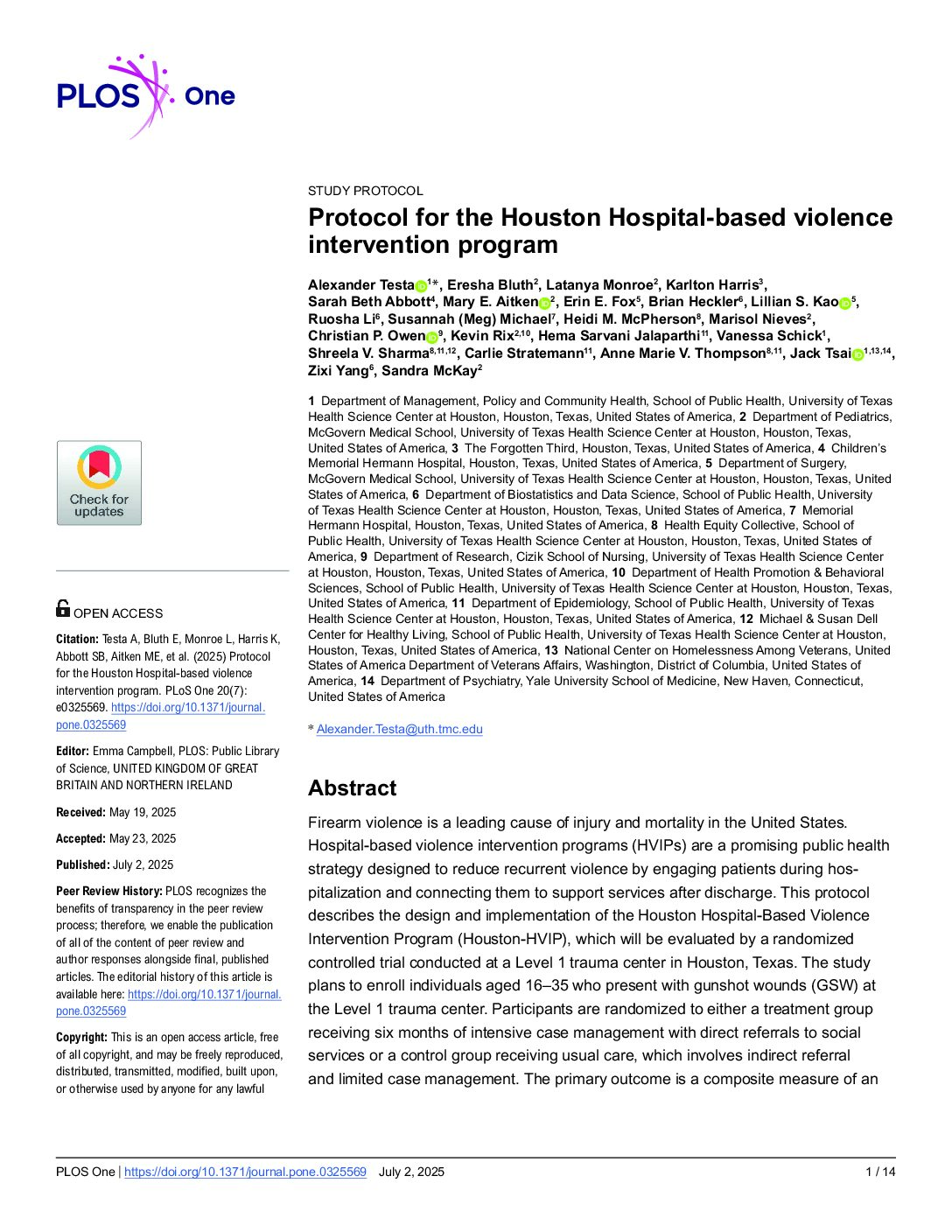Protocol for the Houston Hospital-based violence intervention program