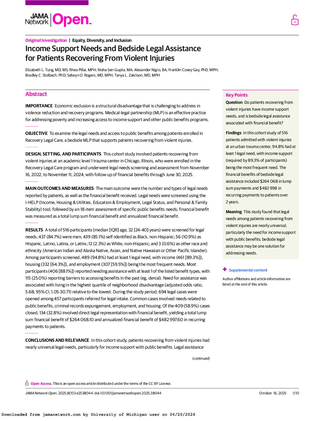 Income Support Needs and Bedside Legal Assistance for Patients Recovering From Violent Injuries