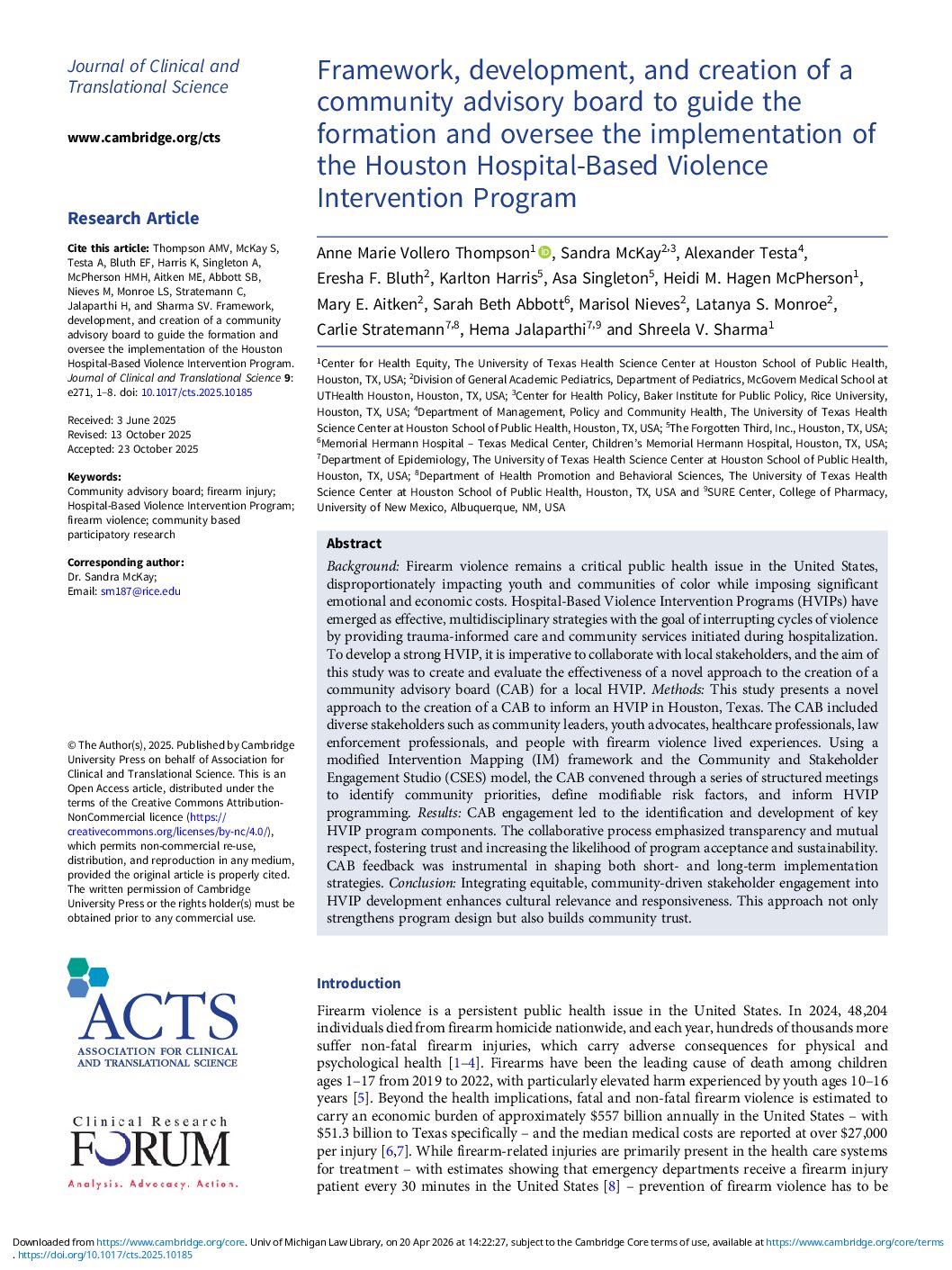 Framework, Development and Creation of a Community Advisory Board to Guide the Formation and Oversee the Implementation of the Houston—Hospital-Based Violence Intervention Program