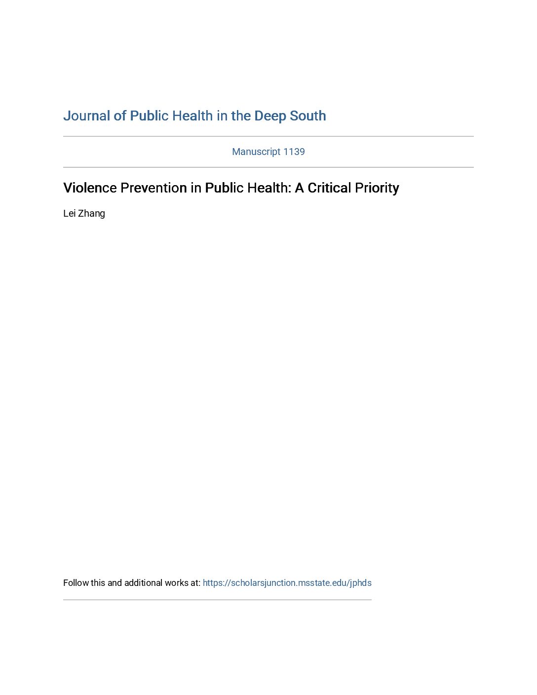 Violence Prevention in Public Health: A Critical Priority